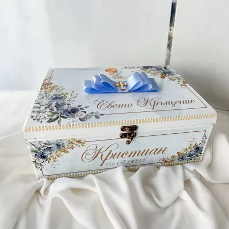 Подаръчен сет покана за кръщене светло синя