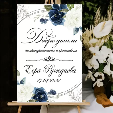 Приведствено тъмно синьо табло "Добре дошли..."