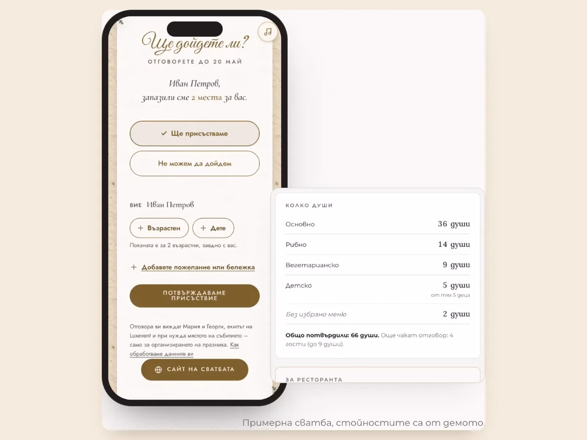 Потвърждение на присъствие с менюта и списък за ресторанта в LXVNT